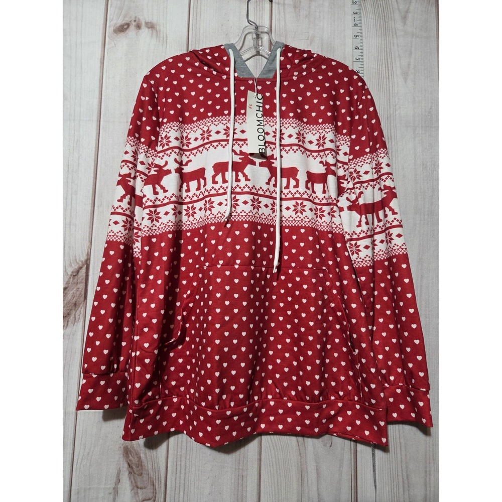 BloomChic Women's 10 Red Christmas Reindeer Hearts Holiday Hoodie Pullover